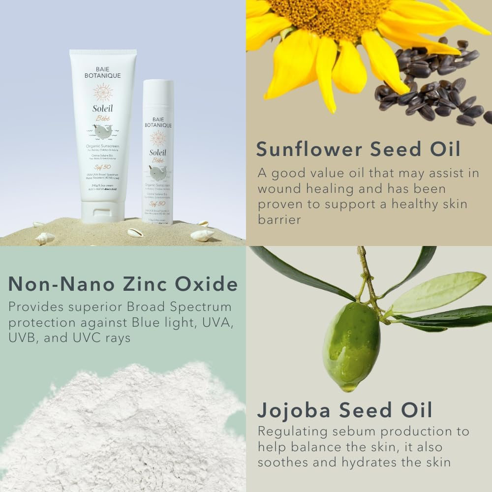 NEW - Soleil Bébé Tube - Organic Non-Toxic Mineral Baby & Children Sunscreen SPF 50 - Sunflower & Jojoba - Unscented - Natural - Vegan - No White Cast - Reef Safe - UVA/UVB - 240G - Image 7