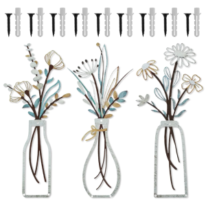 3 Pcs Metal Flowers Wall Arts Metal Vase Wall Art Rustic Farmhouse Decor Bathroom Wall Decor Dining Room Wall Decor Minimalist Decor Housewarming Gifts 13.8X5.9 In