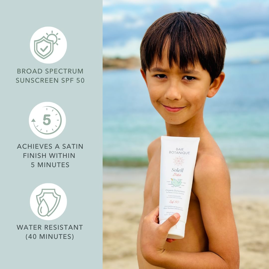 NEW - Soleil Bébé Tube - Organic Non-Toxic Mineral Baby & Children Sunscreen SPF 50 - Sunflower & Jojoba - Unscented - Natural - Vegan - No White Cast - Reef Safe - UVA/UVB - 240G - Image 3