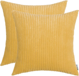 Mustard Yellow Corduroy Throw Pillow Covers 16X16 Inch, Set of 2, Soft Cozy Decorative Cushion Cases for Couch Sofa Bed Living Room, Boho Striped Home Decor